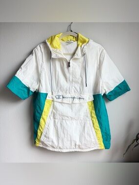 Champion White Teal Yellow Half-Zip Windbreaker Pullover